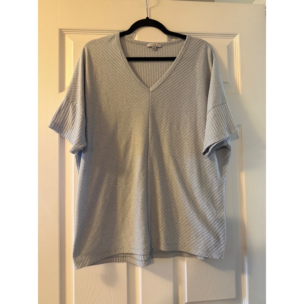 White Birch Top Womens Medium Blue Ribbed V-Neck Short Sleeve Oversized Casual